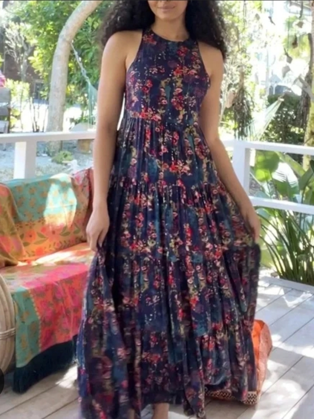 Floral Tiered Maxi Dress - Navy with Pink Floral